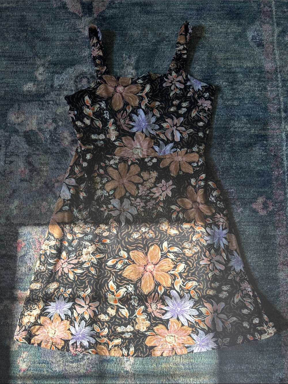 SO Rapunzel Floral Sleeveless Sundress - Black with Peach & Lavender Flowers